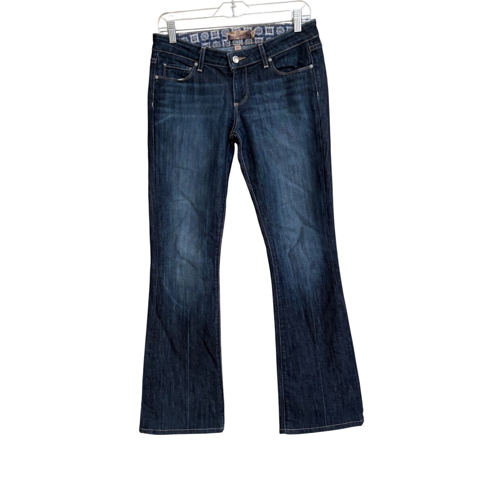 Paige Laurel Canyon Flare Jeans Womens 27 Dark Wash Blue Denim Mid Rise Stretch - Picture 2 of 13